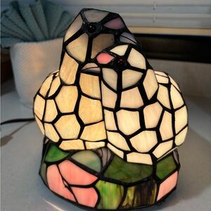 Sold-Vintage Tiffany-Style Stained Glass White Love Birds Accent Table Lamp